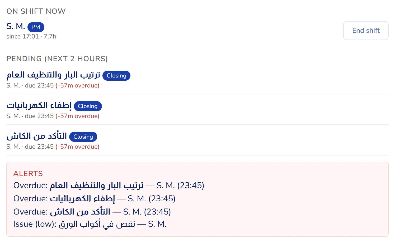 Pending tasks and alerts for a shift at Clouds Coffeeshop